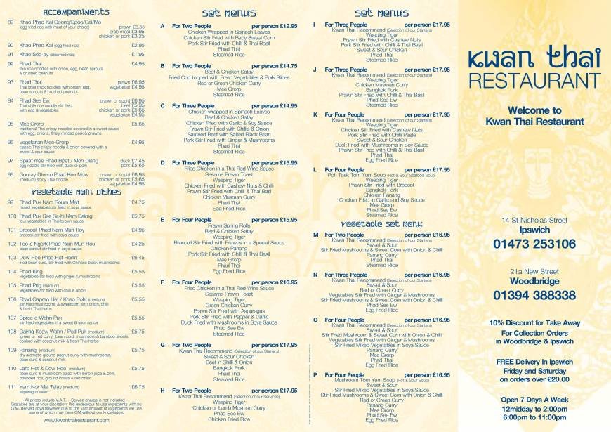  Pricelists of Kwan Thai Restaurant 14 St Nicholas Street   - Photo 2 of 11