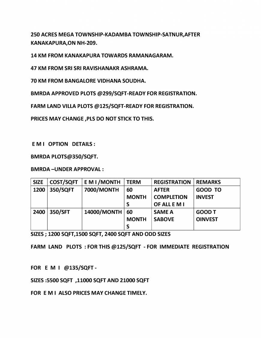  Pricelists of REAL ESTATE-RESIDENTIAL PLOTS SALE AFTER KANAKAPURA,SATHNUR,NH-209 - Photo 1 of 9