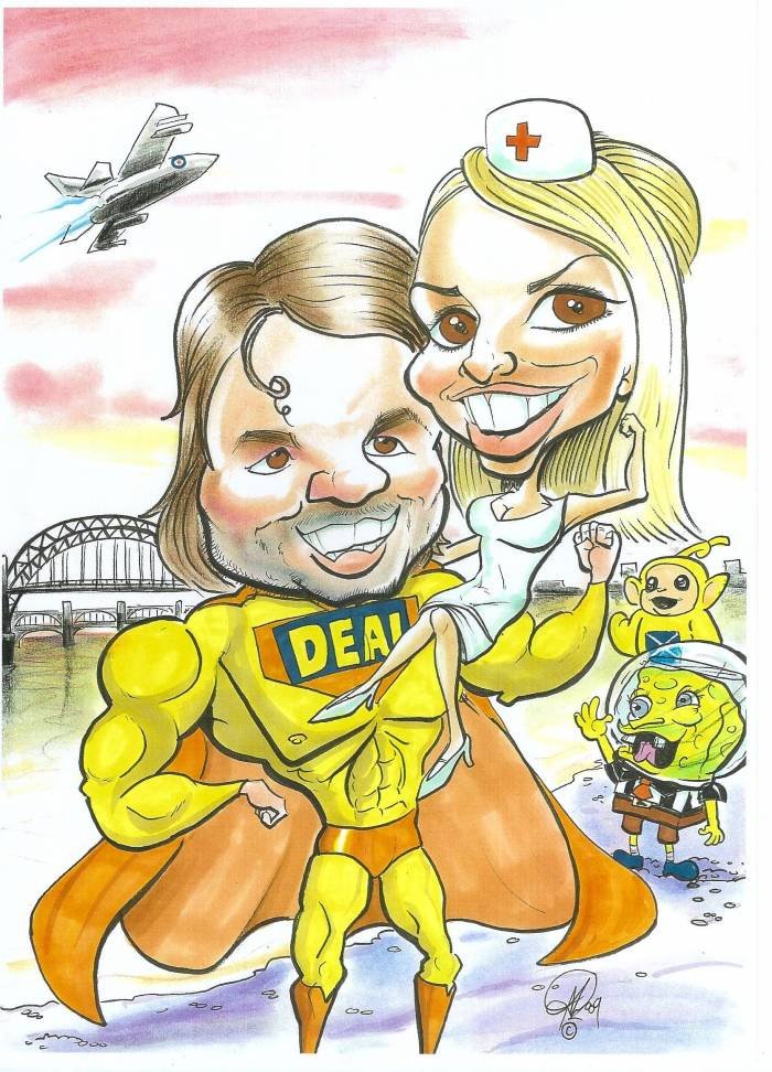 Happy couple with their personalised commission caricature. Profile Photos of Crazy Caricatures St Mary Street - Photo 3 of 19 Happy couple with their personalised commission caricature. Profile Photos of Crazy Caricatures St Mary Street - Photo 3 of 19