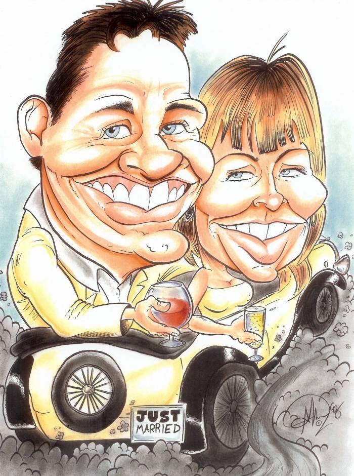 Happy couple on their Wedding Day,in their car. Commission studio full colour caricatures drawn weeks before wedding from photos and written details. Profile Photos of Crazy Caricatures St Mary Street - Photo 2 of 19 Happy couple on their Wedding Day,in their car. Commission studio full colour caricatures drawn weeks before wedding from photos and written details. Profile Photos of Crazy Caricatures St Mary Street - Photo 2 of 19