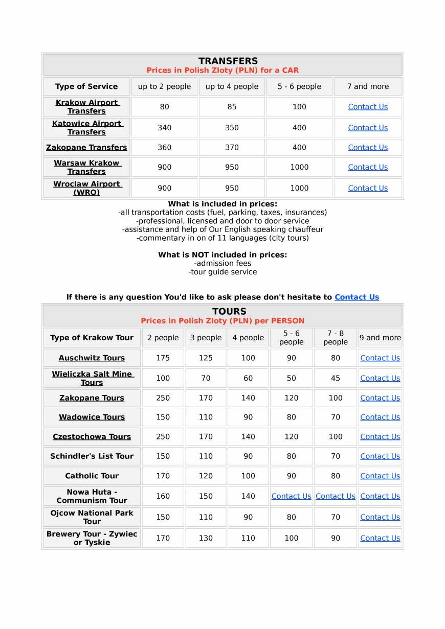  Pricelists of KRK-KrakowTours - Private Tours and Airport Transfers Nefrytowa 13 - Photo 1 of 1