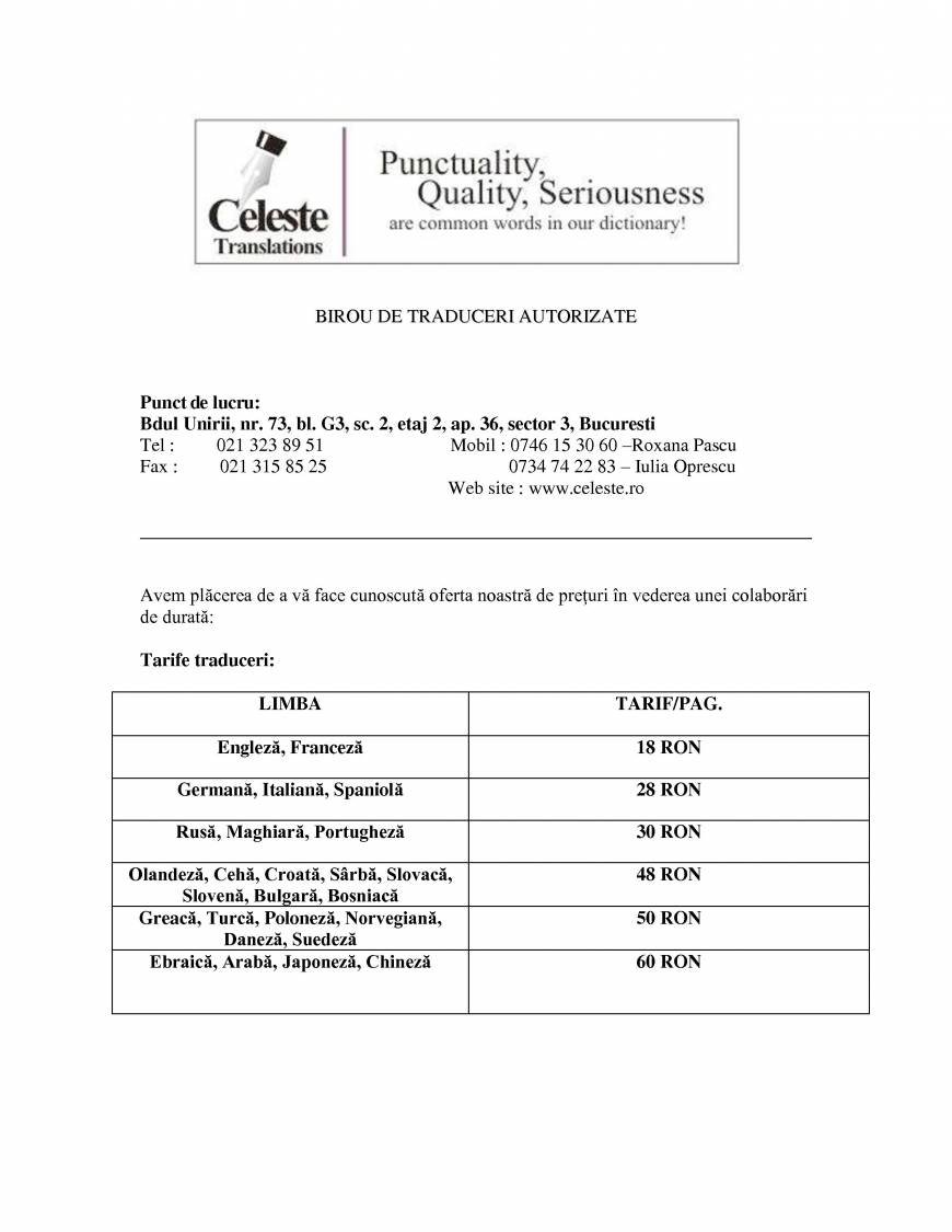  Pricelists of Celeste Translations Bdul Unirii, nr. 73, bl. G3, ap. 36,sector 3, Bucuresti - Photo 1 of 2