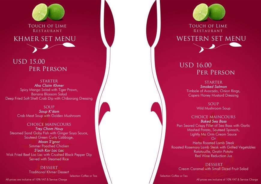  Pricelists of Touch of Lime Restaurant Corner River Road & Samdech Tep Vong Street,Wat Bo Village,Sala Kamroeuk Commune, - Photo 2 of 4