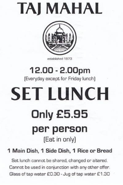  Pricelists of Taj Mahal Indian Restuarant 77 Leigh Road - Photo 2 of 2