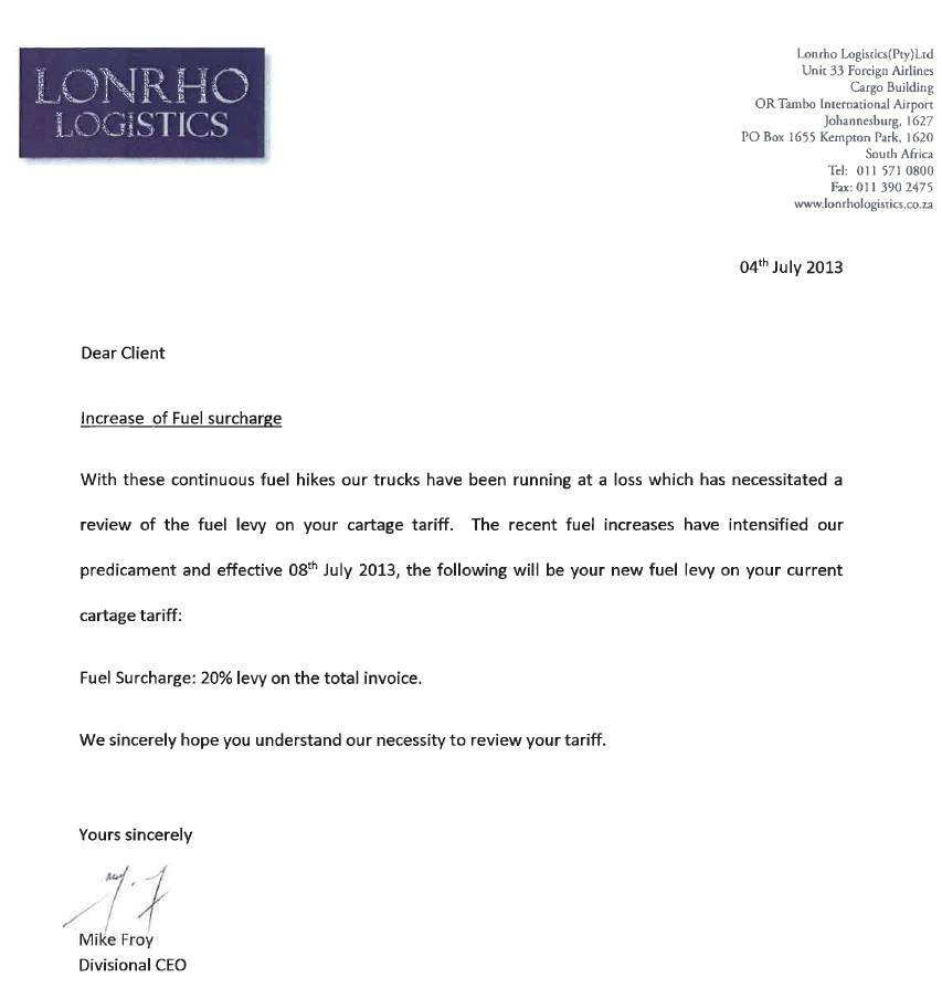  Pricelists of Lonrho Logistics (Pty) Ltd Unit 33, Foreign Airlines Cargo Center - Photo 3 of 3