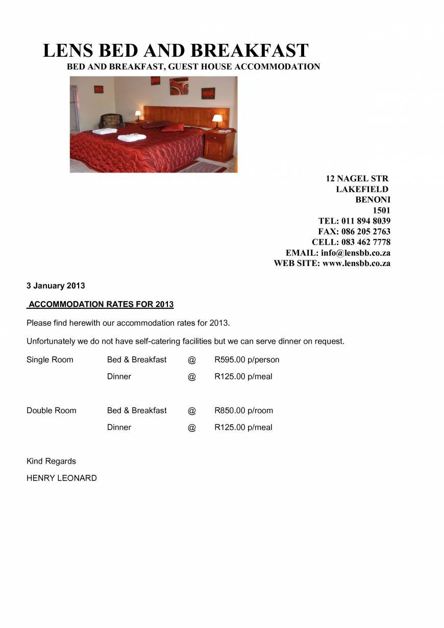  Pricelists of LENS BED & BREAKFAST GUESTHOUSE 12 Nagel Street - Photo 1 of 1