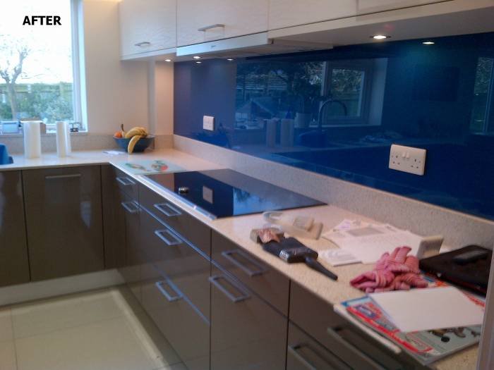 After - High gloss beige grey, with blue glass splash back, Silestone Eco Luna quartz worktops and white matt wall units Before&After of Intoto Kitchens Wokingham 23 Peach Street - Photo 22 of 25