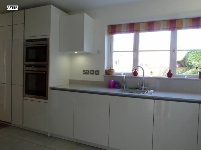 After - high gloss white. Oven, microwave and fridge in tall units with larder in between. Before&After of Intoto Kitchens Wokingham 23 Peach Street - Photo 1 of 25 After - high gloss white. Oven, microwave and fridge in tall units with larder in between. Before&After of Intoto Kitchens Wokingham 23 Peach Street - Photo 1 of 25