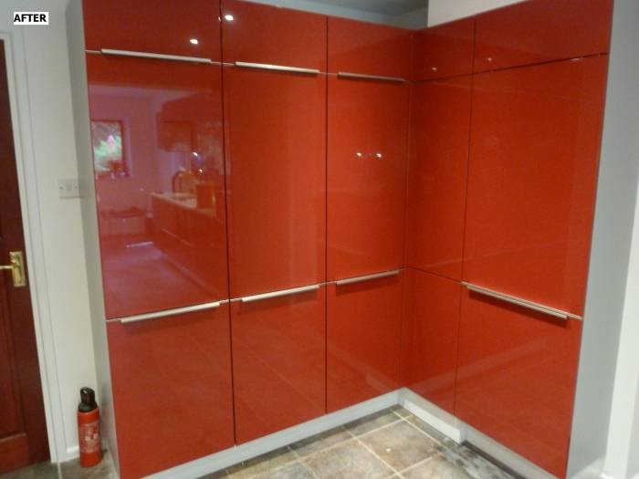 After - high gloss red bank of larder units with drawers Before&After of Intoto Kitchens Wokingham 23 Peach Street - Photo 14 of 25 After - high gloss red bank of larder units with drawers Before&After of Intoto Kitchens Wokingham 23 Peach Street - Photo 14 of 25
