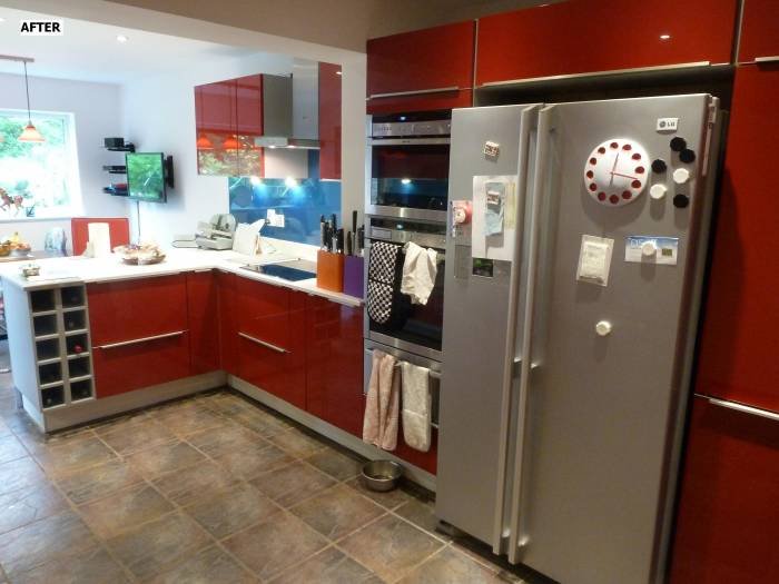 After - high gloss red units with aluminum carcass sides. Blue glass splash backs and Okite white quartz worktop.  Before&After of Intoto Kitchens Wokingham 23 Peach Street - Photo 9 of 25
