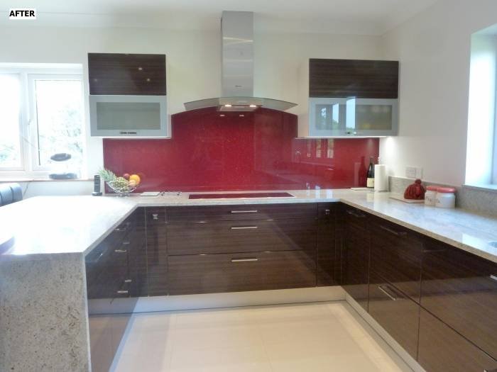 After - Ebony high gloss doors with granite worktops and red rainbow sparkle glass splash back. Before&After of Intoto Kitchens Wokingham 23 Peach Street - Photo 7 of 25 After - Ebony high gloss doors with granite worktops and red rainbow sparkle glass splash back. Before&After of Intoto Kitchens Wokingham 23 Peach Street - Photo 7 of 25
