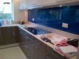 After - High gloss beige grey, with blue glass splash back, Silestone Eco Luna quartz worktops and white matt wall units Intoto Kitchens Wokingham 23 Peach Street 