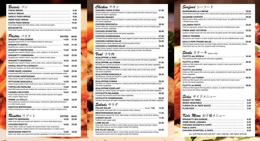  Pricelists of Costa D'Oro Italian Restaurant & Pizzeria 27 Orchid Avenue - Photo 2 of 2