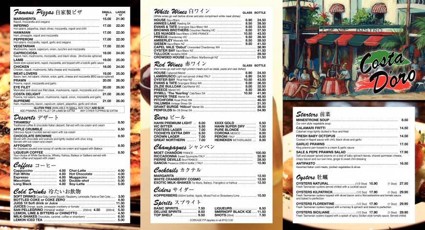  Pricelists of Costa D'Oro Italian Restaurant & Pizzeria 27 Orchid Avenue - Photo 1 of 2