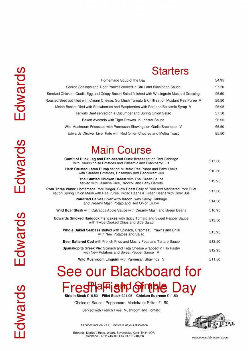  Pricelists of Edwards Bar & Brasserie Edwards Bar & Brasserie Morleys Road Weald - Photo 1 of 8
