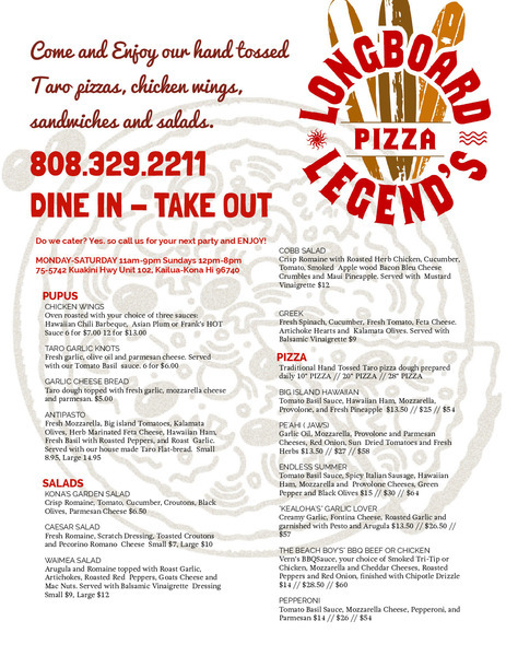  Pricelists of Longboard Legends Pizza 75-5742 Kuakini Highway Unit 102 - Photo 1 of 1