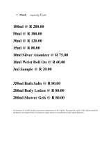 Menus & Prices, The CHI Human Energy - Fine French Fragrance Co., Cape Town