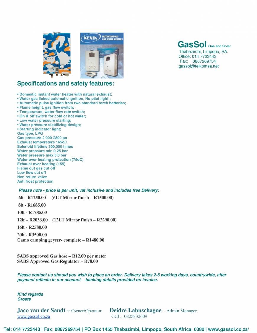  Pricelists of GasSol - Limpopo Gas and Solar vd Bijl street 28c - Photo 1 of 1