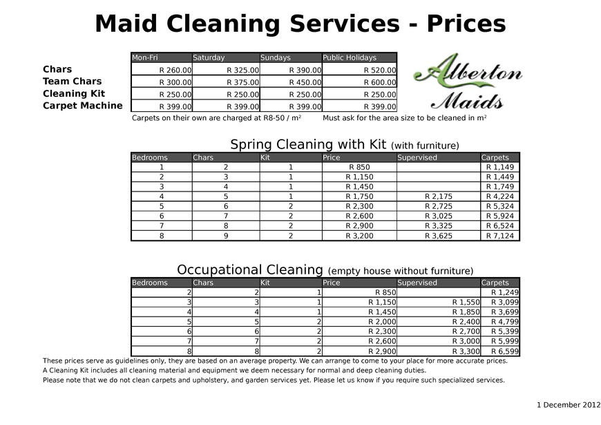  Pricelists of Alberton Maids 50 Voortrekker Road - Photo 1 of 1