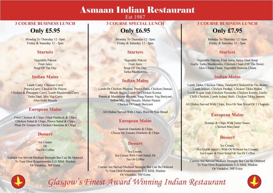  Pricelists of Asmaan Indian Restaurant - Glasgow 22 Bath Street, - Photo 1 of 5
