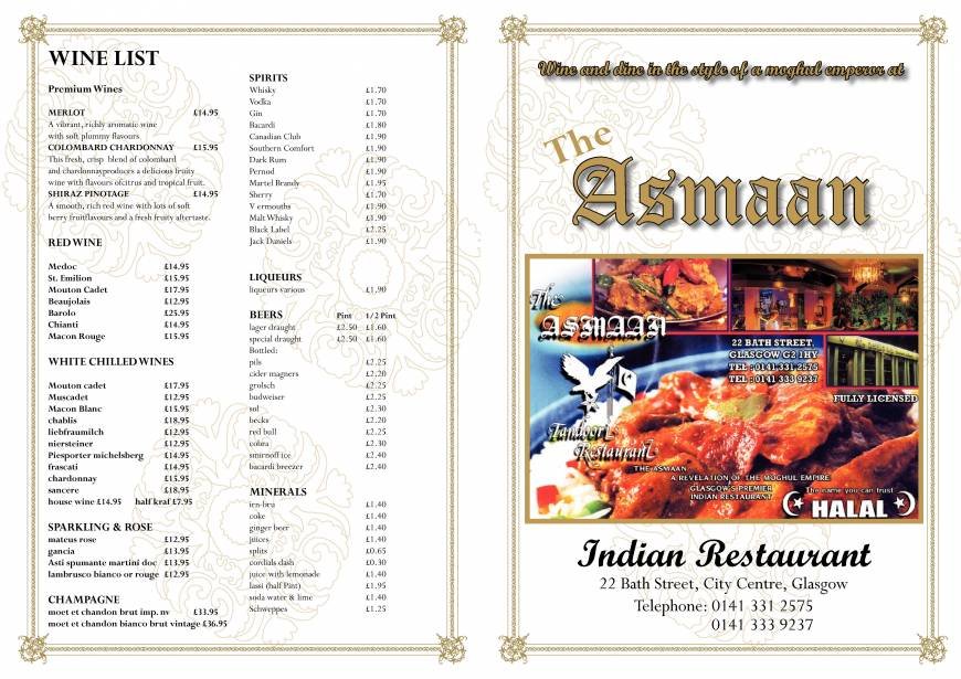  Pricelists of Asmaan Indian Restaurant - Glasgow 22 Bath Street, - Photo 5 of 5