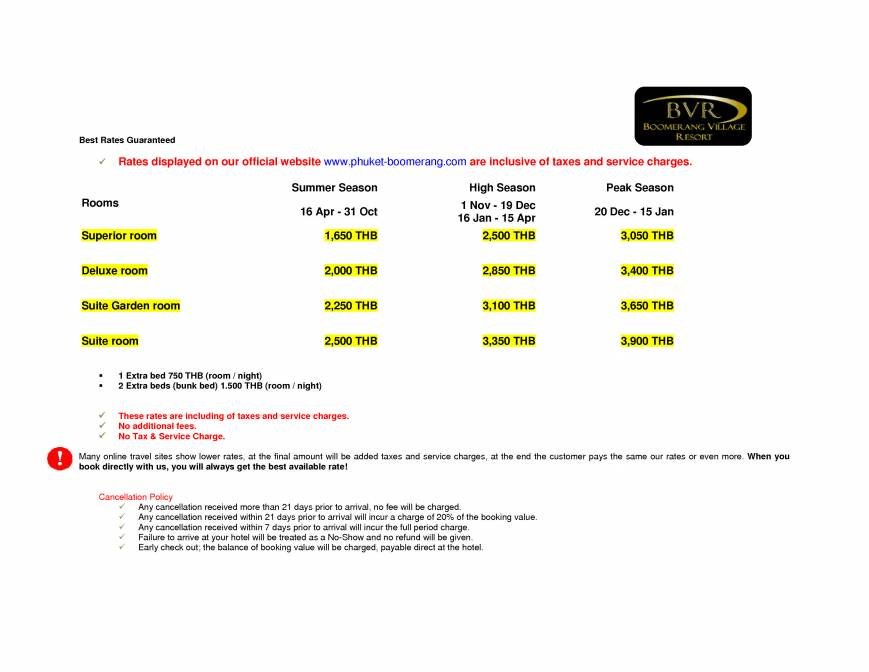  Pricelists of Boomerang Village Resort Phuket Patak Soi 10, - Photo 1 of 1