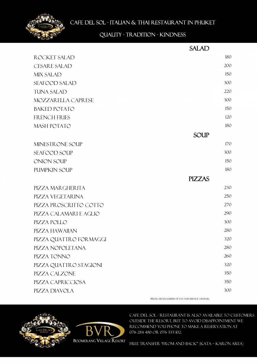  Pricelists of CAFE DEL SOL (Italian and Thai RESTAURANT) Patak Soi 10, - Photo 2 of 14
