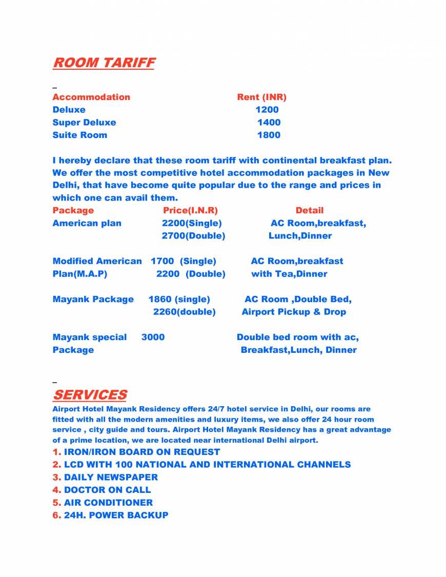  Pricelists of AIRPORT HOTEL MAYANK RESIDENCY A-230, Road No.2, A-Block, Near IGI International And Domestic Airport  Mahipalpur  Extn., New Delhi - Photo 1 of 2