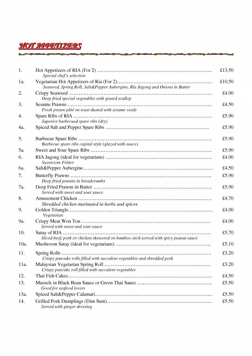  Pricelists of Ria Restaurant 16 The Newlands - Photo 2 of 21