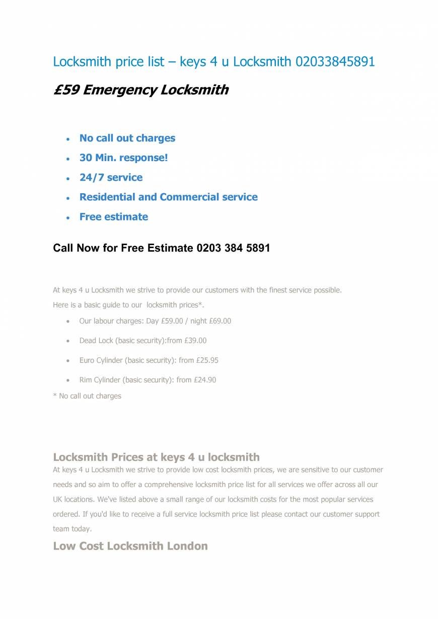  Pricelists of keys 4 U Locksmith Lewisham mercator rd - Photo 1 of 2