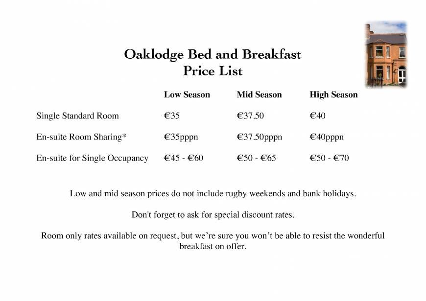  Pricelists of Oaklodge Bed & Breakfast 4 Pembrooke Park - Photo 1 of 1