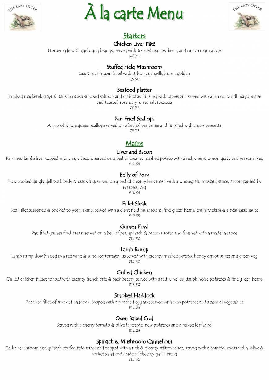  Pricelists of The Lazy Otter Restaurant & Bar Cambridge Rd, Stretham - Photo 1 of 10