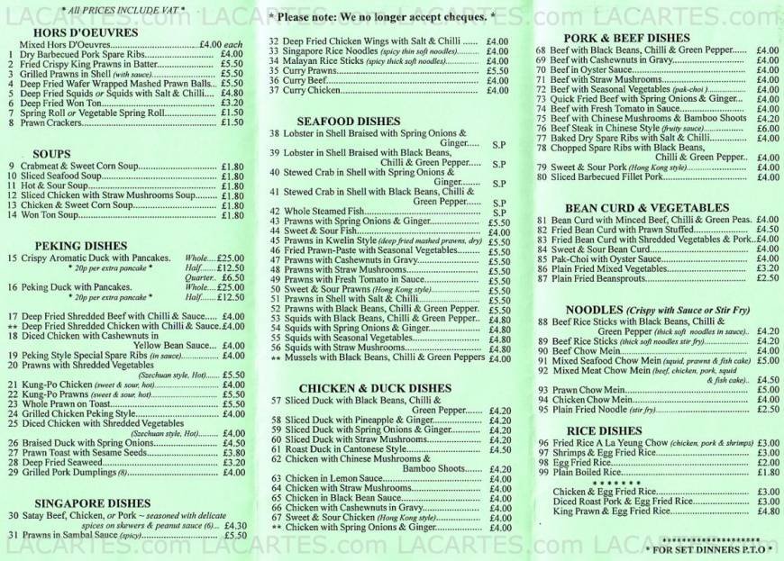  Pricelists of Mrs Wong's Chinese Restaurant Streatham 179 Streatham High Road - Photo 1 of 2