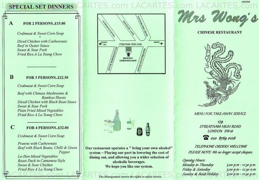  Pricelists of Mrs Wong's Chinese Restaurant Streatham 179 Streatham High Road - Photo 2 of 2