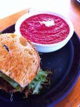 Half of our Meatloaf sandwich (all natural, local beef) with our vegetarian soup of the day (roasted beet with creamy montrechet & herbs de provence).