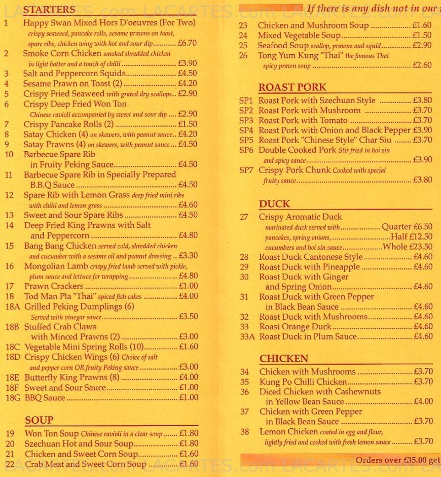  Pricelists of Happy Swan Express Chinese Takeaway 39 Chipstead Valley Road - Photo 1 of 4