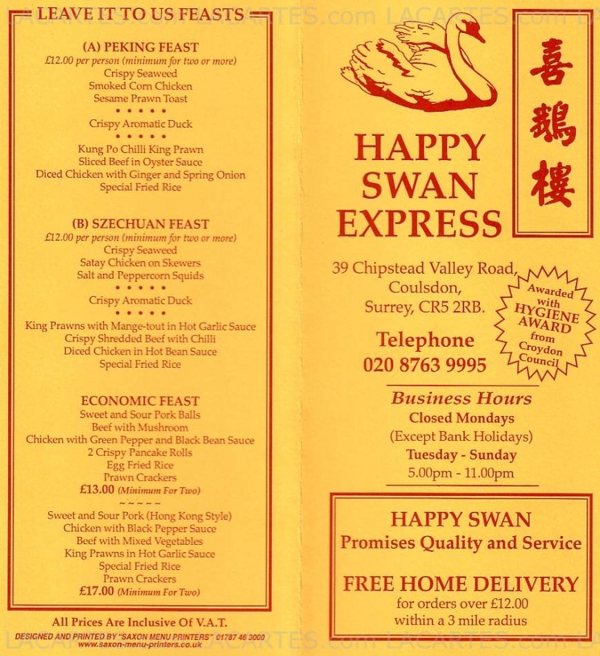  Pricelists of Happy Swan Express Chinese Takeaway 39 Chipstead Valley Road - Photo 4 of 4