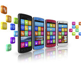 Mobile communications and social networking concept: row of touchscreen smartphones with cloud of application icons isolated on white reflective background, Mobile App development NI on Ascension Marketing, Bangor