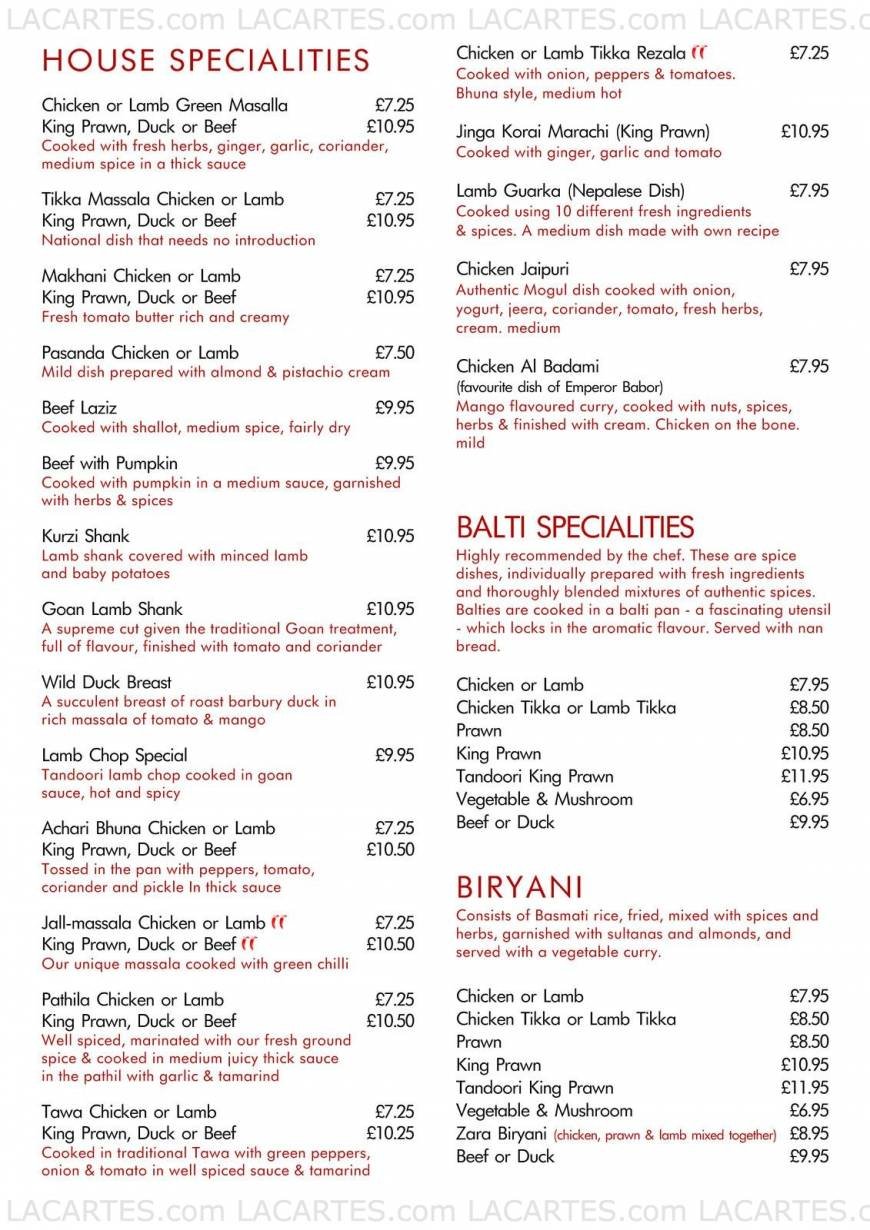  Pricelists of Zara Indian Cuisine Steeple Road - Photo 2 of 4