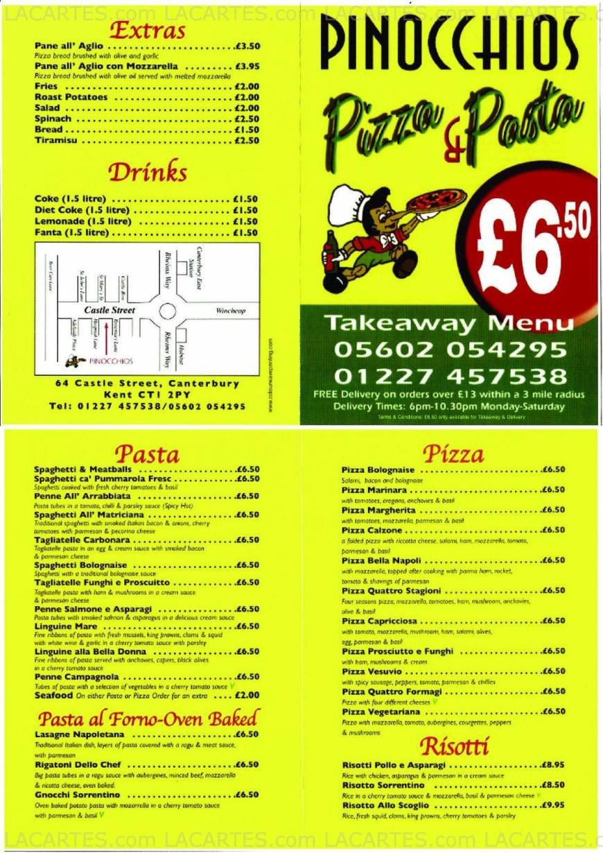  Pricelists of pinocchios restaurant - authentic italian - pasta - pizzeria - canterbury 64 castle street - Photo 2 of 2
