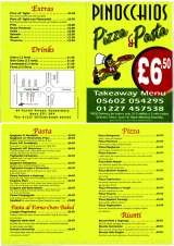 Menus & Prices, pinocchios restaurant - authentic italian - pasta - pizzeria - canterbury, canterbury