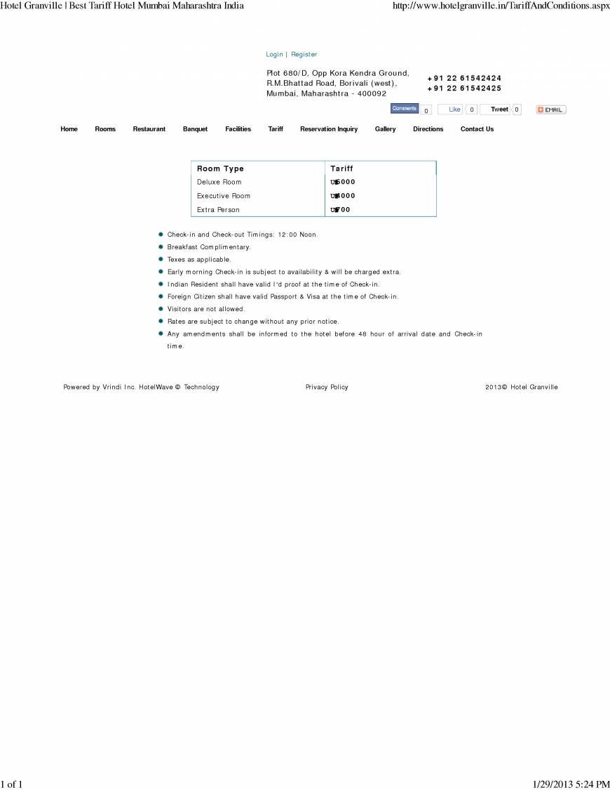 Pricelists of Hotel Granville lot 680/D, Opp Kora Kendra Ground,	R.M.Bhattad Road, Borivali (west) - Photo 1 of 1