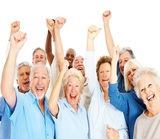 Group of happy senior citizens with their hands raised over white, Global Geriatrics Speciality Health Care, Mumbai