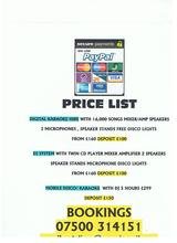 Menus & Prices, A1 Reliable Discotheques and Karaoke, Southgate