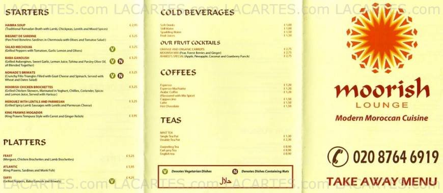  Pricelists of Moorish Lounge African Restaurant 447 Streatham High Road - Photo 2 of 2