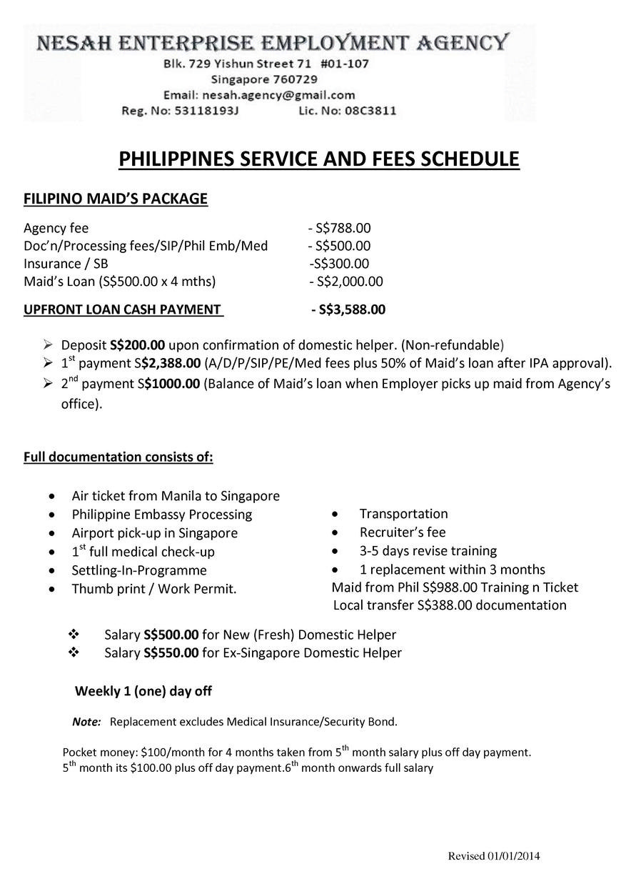  Pricelists of NESAH ENTERPRISE EMPLOYMENT AGENCY Blk 729,YISHUN STREET 71 - Photo 1 of 1