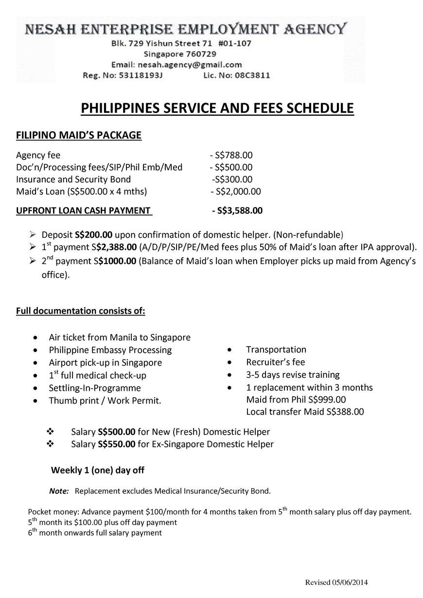  Pricelists of NESAH ENTERPRISE EMPLOYMENT AGENCY Blk 729, Yishun Street 71 - Photo 1 of 1