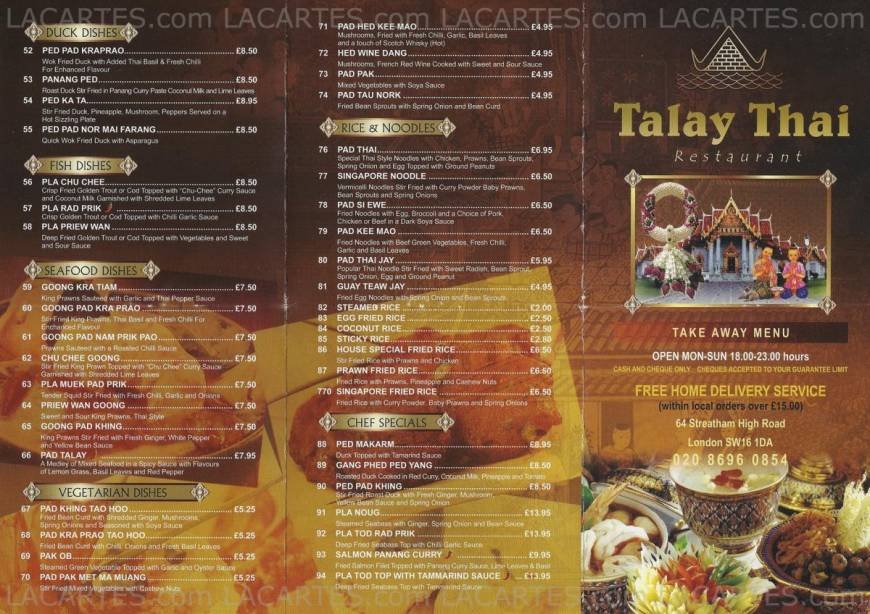  Pricelists of Talay Thai Restaurant - Streatham 64 Streatham High Road - Photo 1 of 2