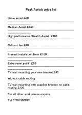 Menus & Prices, Peak Aerials  and satellite systems, sheffield