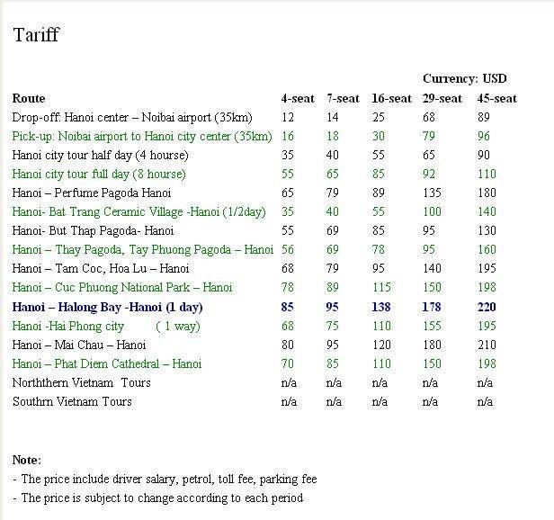  Pricelists of Hanoi Transfer Service 23A Hang Hanh, Hoan Kiem - Photo 1 of 1